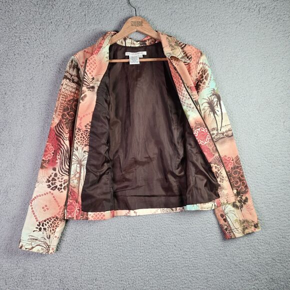 Maggy London Coral Patchwork Cotton Tropical Zip Front Vintage Y2K Jacket 12 - Picture 9 of 10